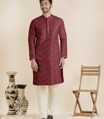 Maroon silk mirror embroidered kurta pajama