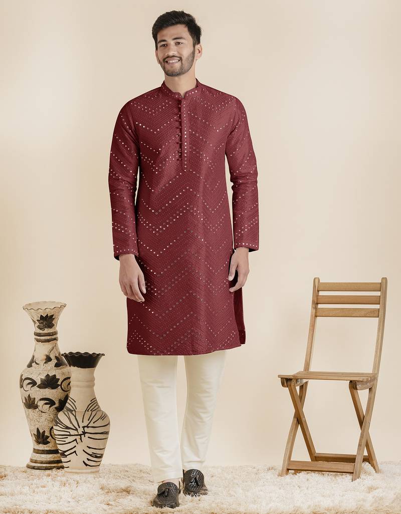 Maroon silk mirror embroidered kurta pajama