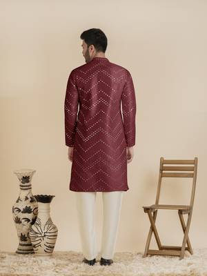 Maroon silk mirror embroidered kurta pajama 2