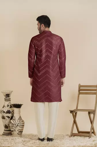 Maroon silk mirror embroidered kurta pajama
