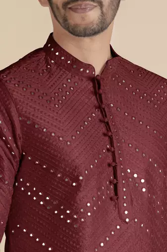 Maroon silk mirror embroidered kurta pajama