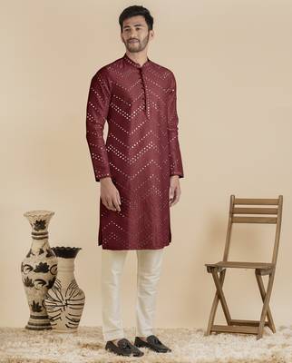 Maroon silk mirror embroidered kurta pajama 5