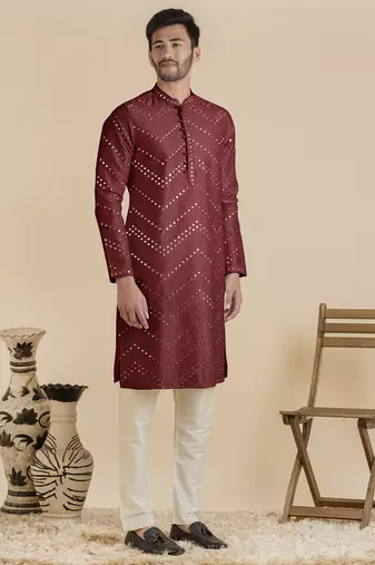 Maroon silk mirror embroidered kurta pajama