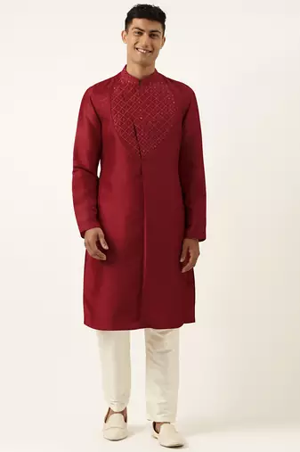 Maroon embroidery angrakha kurta pajama