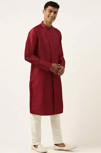 Maroon embroidery angrakha kurta pajama