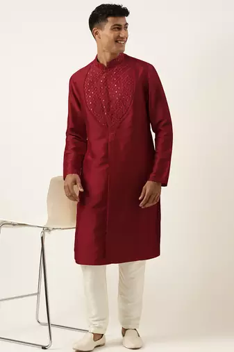 Maroon embroidery angrakha kurta pajama