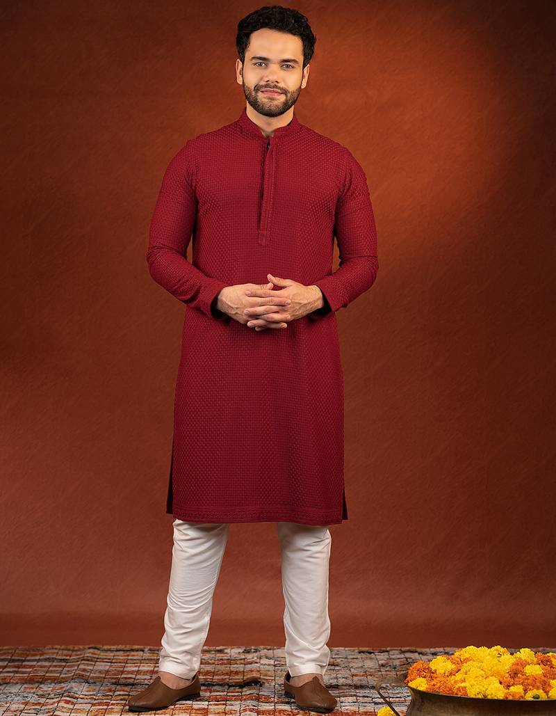 Maroon chikankari kurta pajama