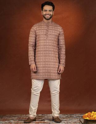 Printed maroon cotton kurta pajama set 1