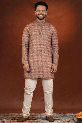 Printed maroon cotton kurta pajama set