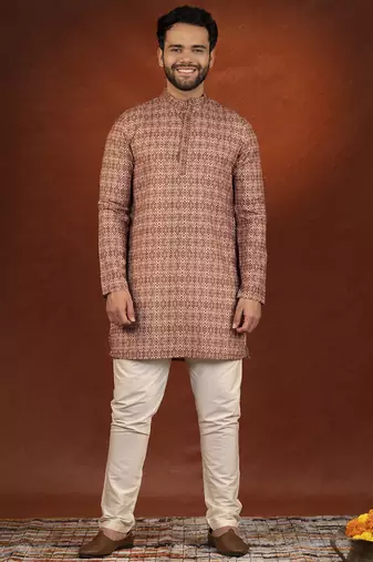 Printed maroon cotton kurta pajama set