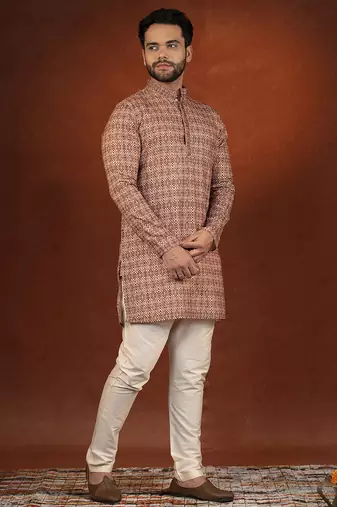 Printed maroon cotton kurta pajama set