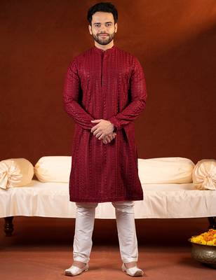 Maroon sequin embroidered kurta pajama 1