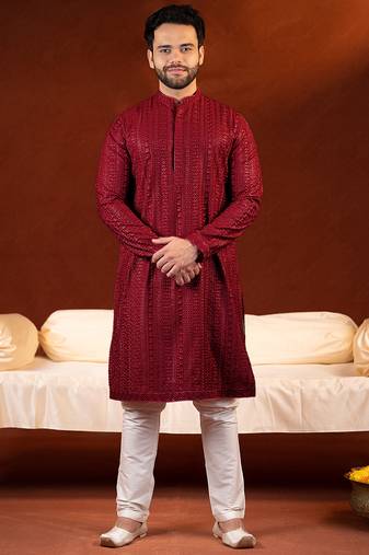 Maroon sequin embroidered kurta pajama