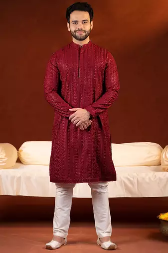 Maroon sequin embroidered kurta pajama