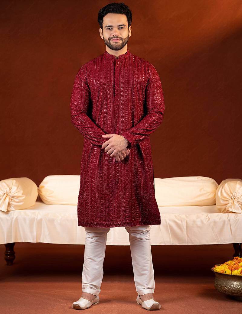Maroon sequin embroidered kurta pajama