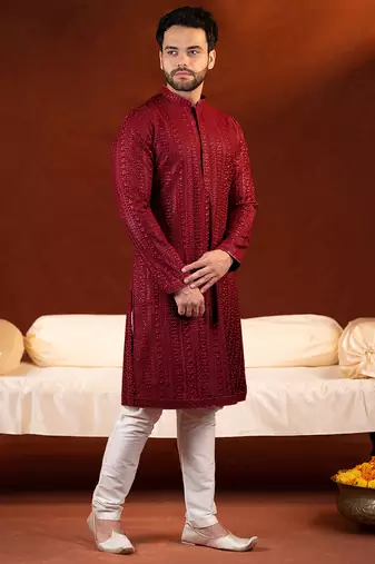 Maroon sequin embroidered kurta pajama