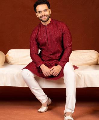 Maroon sequin embroidered kurta pajama 4