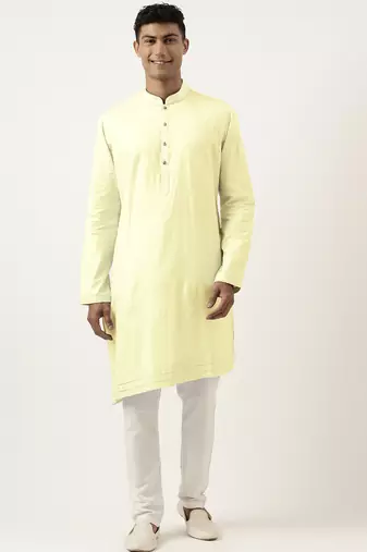 Lemon yellow asymmetrical  cotton kurta pajama