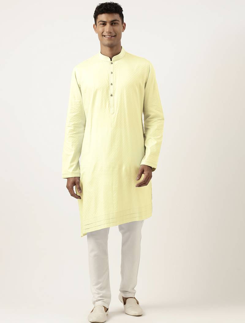 Lemon yellow asymmetrical  cotton kurta pajama