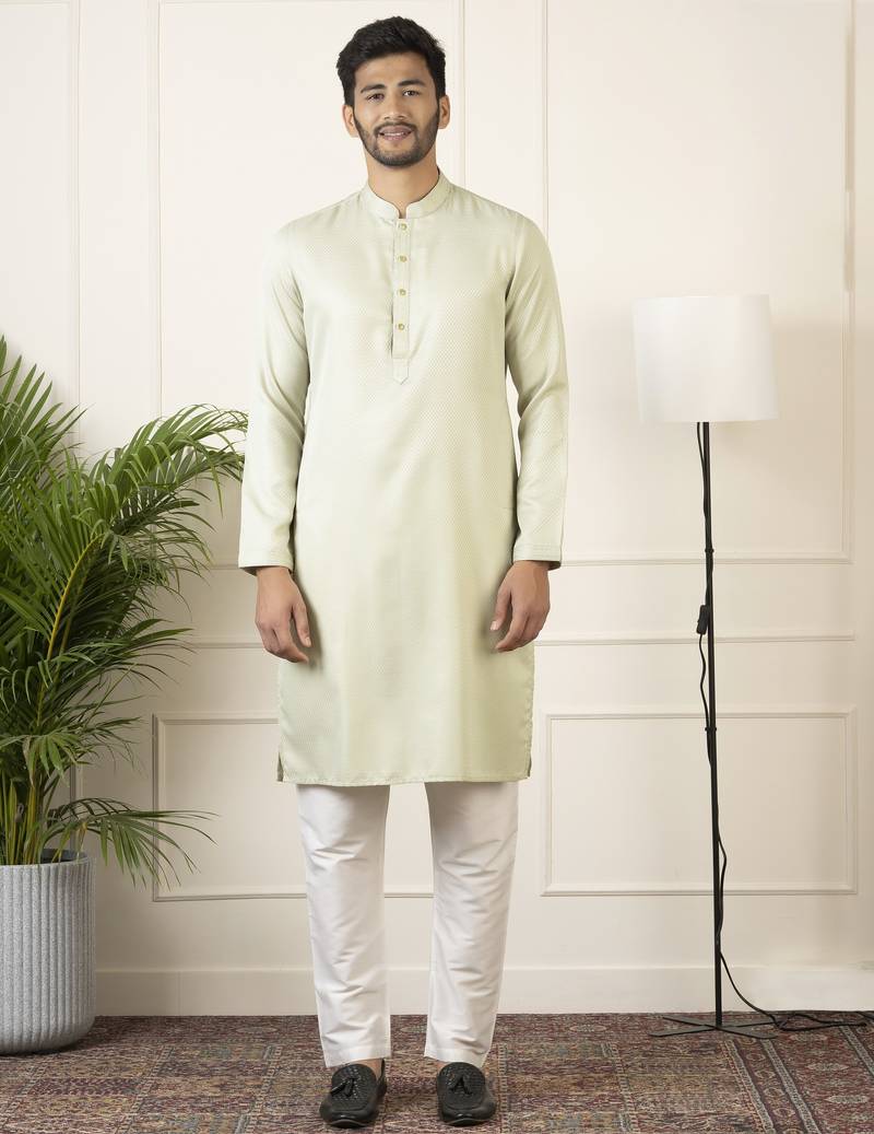 Green fine cotton self design kurta pajama