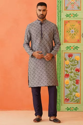 Grey navy jacquard kurta pajama