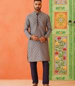 Grey navy jacquard kurta pajama
