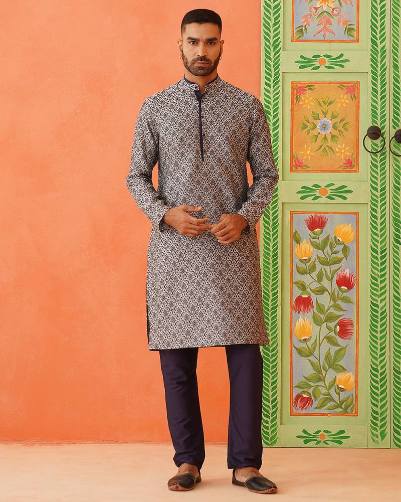 Grey navy jacquard kurta pajama