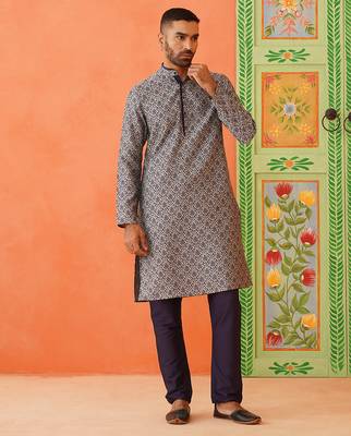 Grey navy jacquard kurta pajama 2