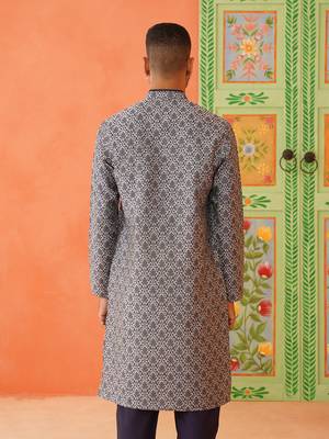 Grey navy jacquard kurta pajama 3