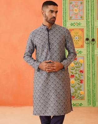 Grey navy jacquard kurta pajama 4