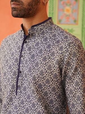 Grey navy jacquard kurta pajama 5