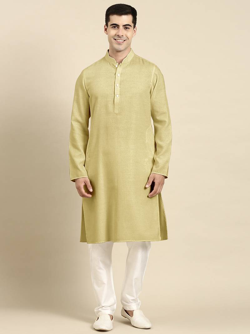 Greenish beige twill weave cotton kurta  set