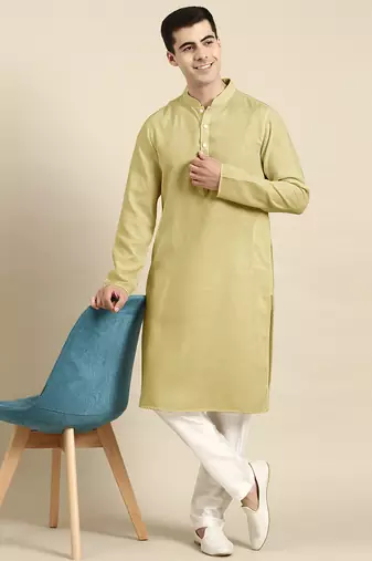 Greenish beige twill weave cotton kurta  set