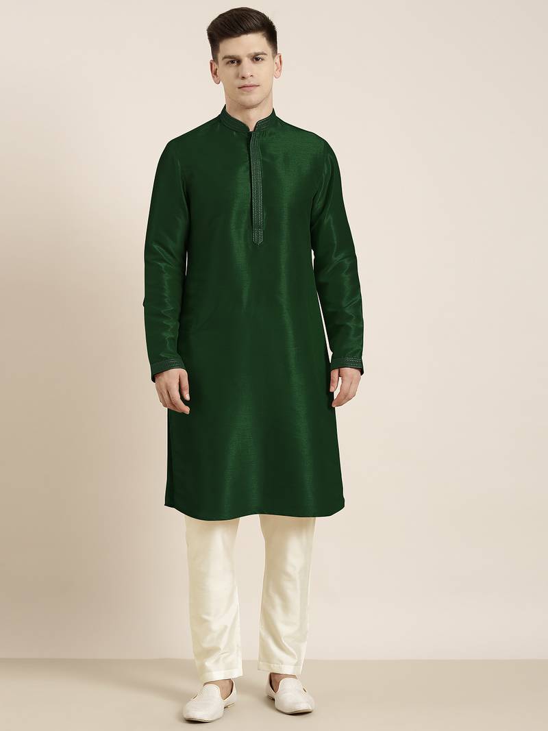 Bottle green embroidered kurta pajama