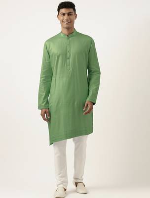 Olive green asymmetrical cotton kurta pajama 1