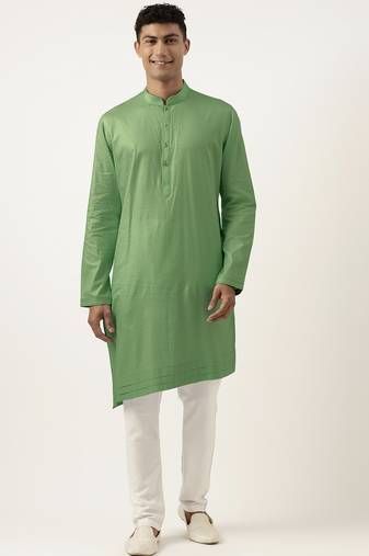 Olive green asymmetrical cotton kurta pajama