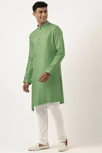 Olive green asymmetrical cotton kurta pajama