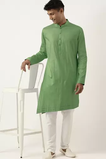 Olive green asymmetrical cotton kurta pajama