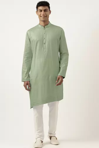 Light green asymmetrical  cotton kurta pajama
