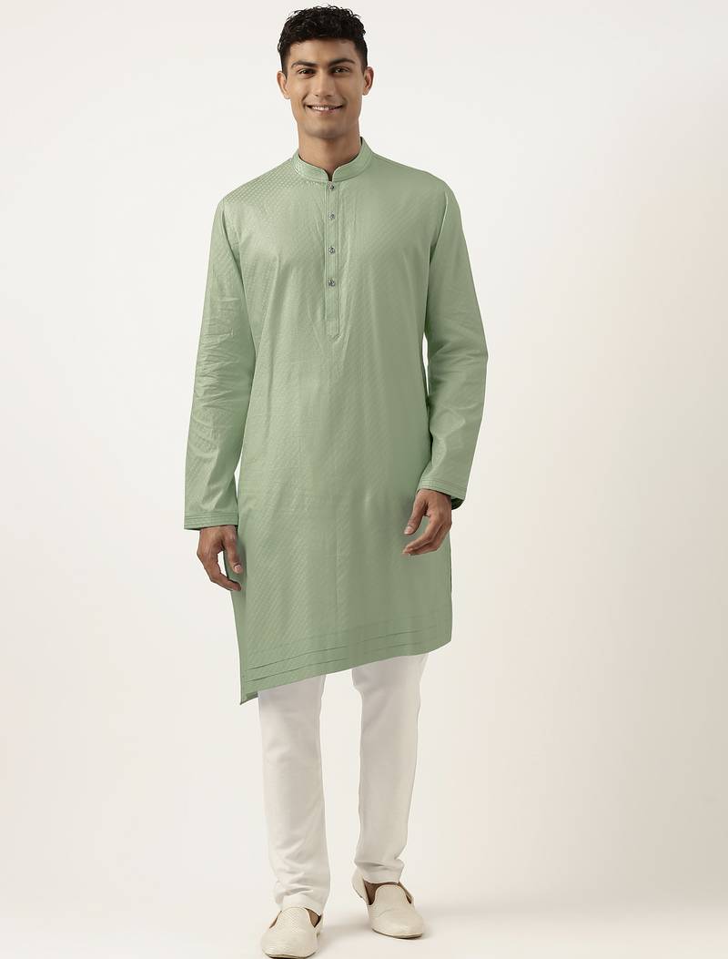 Light green asymmetrical  cotton kurta pajama