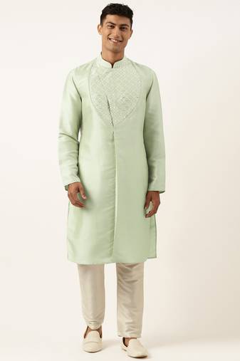 Pistachio green embroidery angrakha kurta pajama