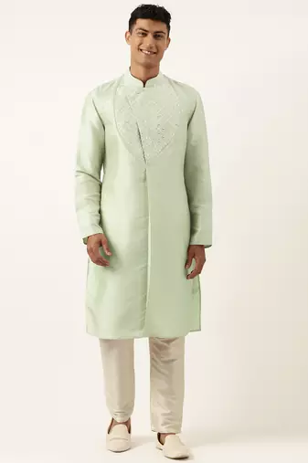 Pistachio green embroidery angrakha kurta pajama