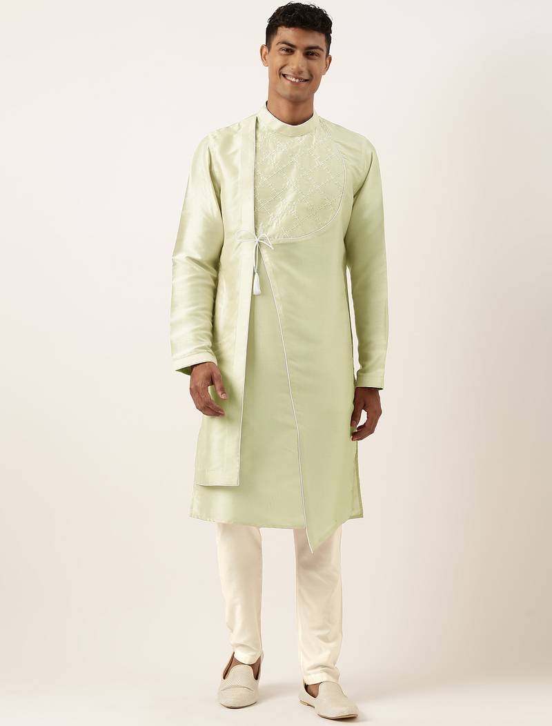 Mint green embroidery angrakha kurta pajama