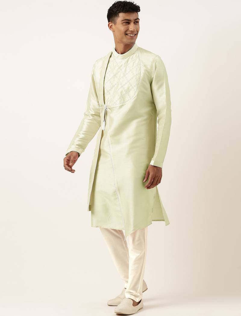 Mint green embroidery angrakha kurta pajama