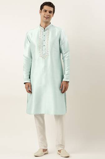 Aqua Blue silk embroidered kurta pajama