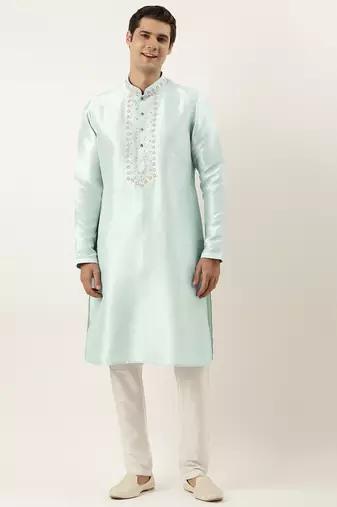 Aqua Blue silk embroidered kurta pajama