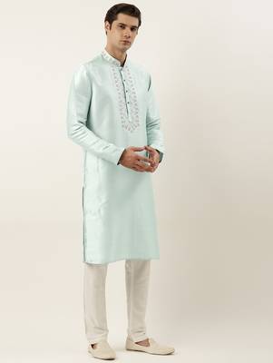 Aqua Blue silk embroidered kurta pajama 4