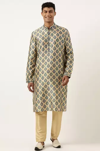 Printed gold cotton kurta pajama