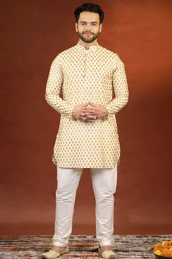Cream sanganeri print kurta pajama