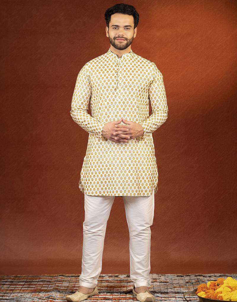 Cream sanganeri print kurta pajama